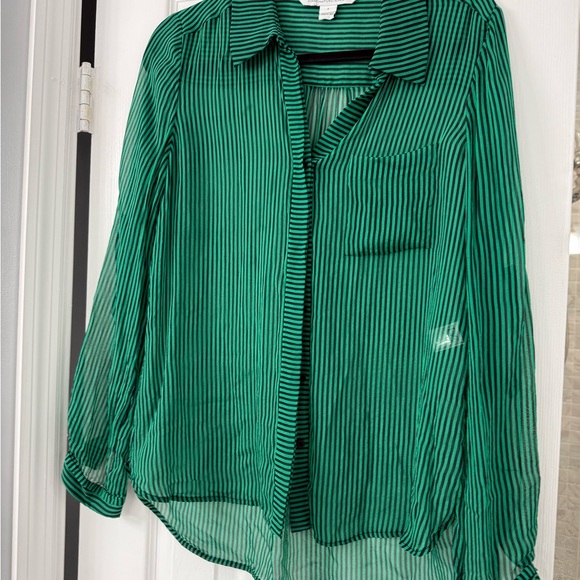 Diane Von Furstenberg Green Navy BlieStriped Button-Up Blouse Silk 8 Sheet - Picture 1 of 9